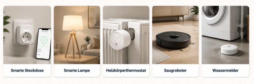 Einfache Smart-Home-Produkte für Einsteiger wie Steckdose Lampe Thermostat und Saugroboter