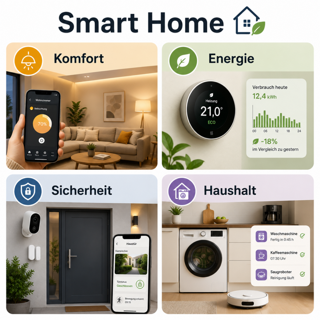 Übersicht über Smart-Home-Bereiche Komfort Energie Sicherheit und Haushalt